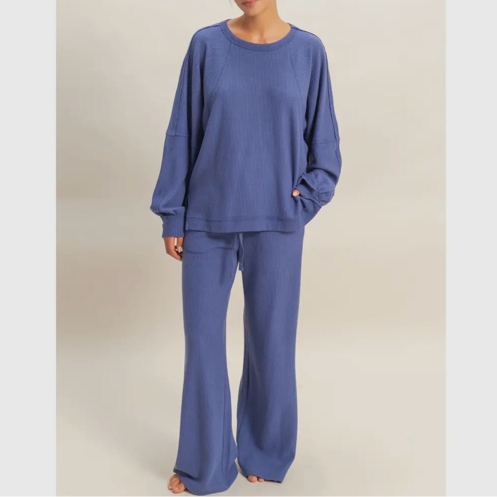 Relaxed Ribbed Lounge Sweater Set - Blue